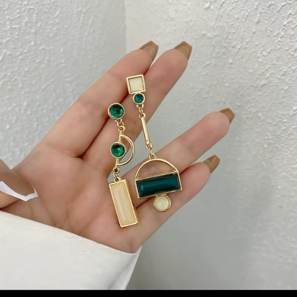 Anthropologie Gold and Green Asymmetrical Geometric Earrings - Picture 4 of 14